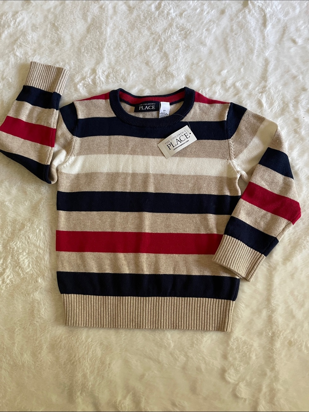 The Children's Place Striped Crewneck Sweater - Navy, Red, Beige SZ 3T